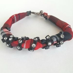 Tartan Plaid Bracelet Diamantes Red Black Hand Made